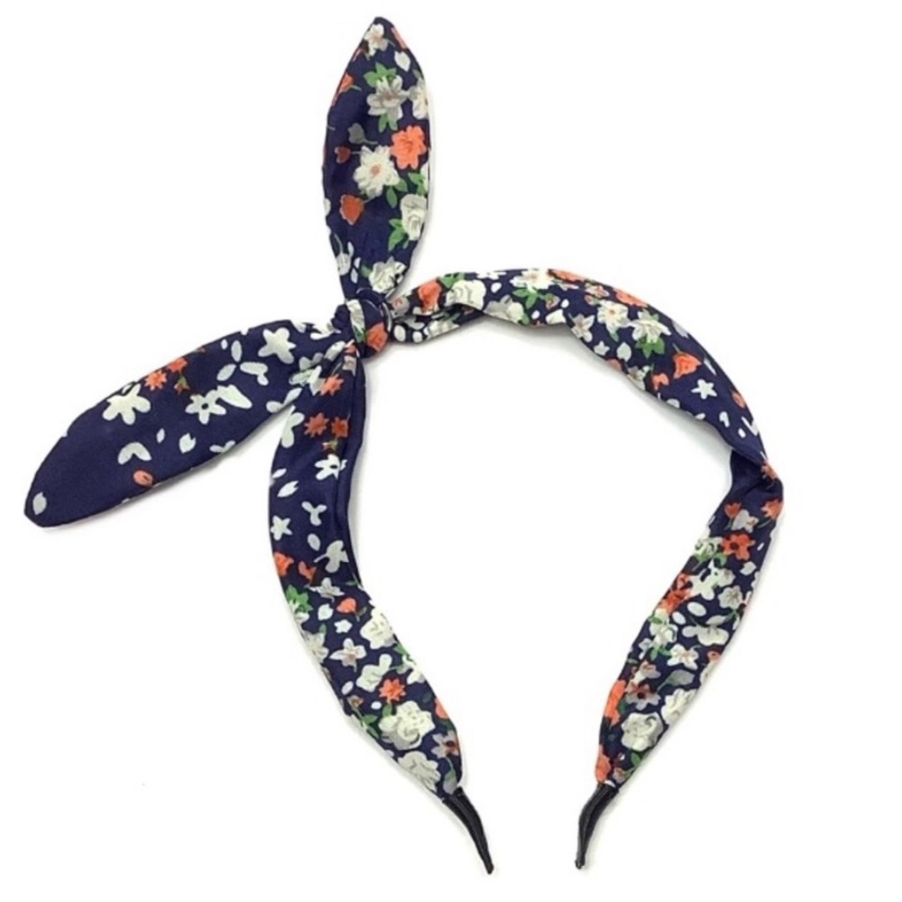 Navy Blue Floral Bunny Ear Bow Tie Headband